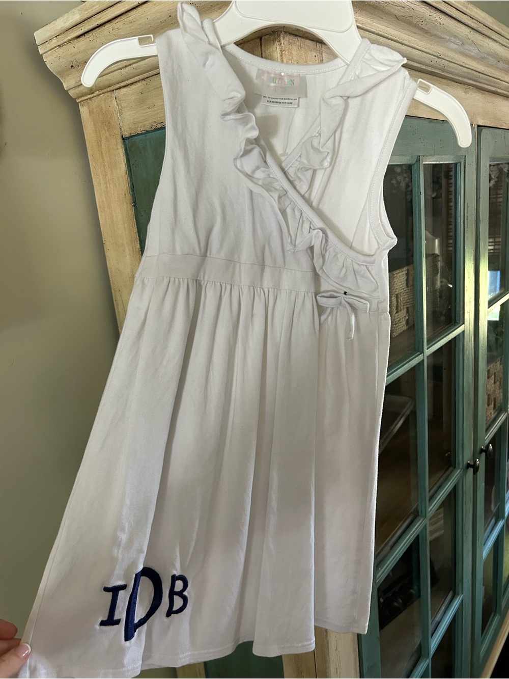Girls White Ruffle-Trim Casual Dress with Monogram